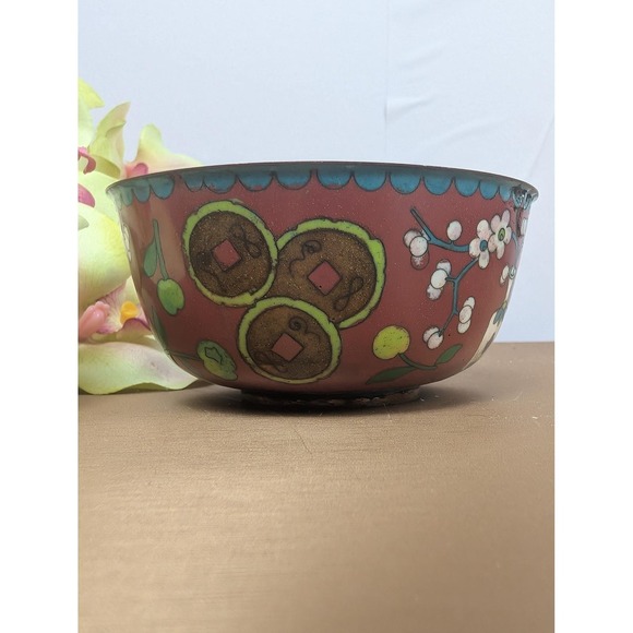Vintage Cloisonne Enamel Bowl Floral Vase Fruit Coin Design Red Blue Trinket - Picture 4 of 6